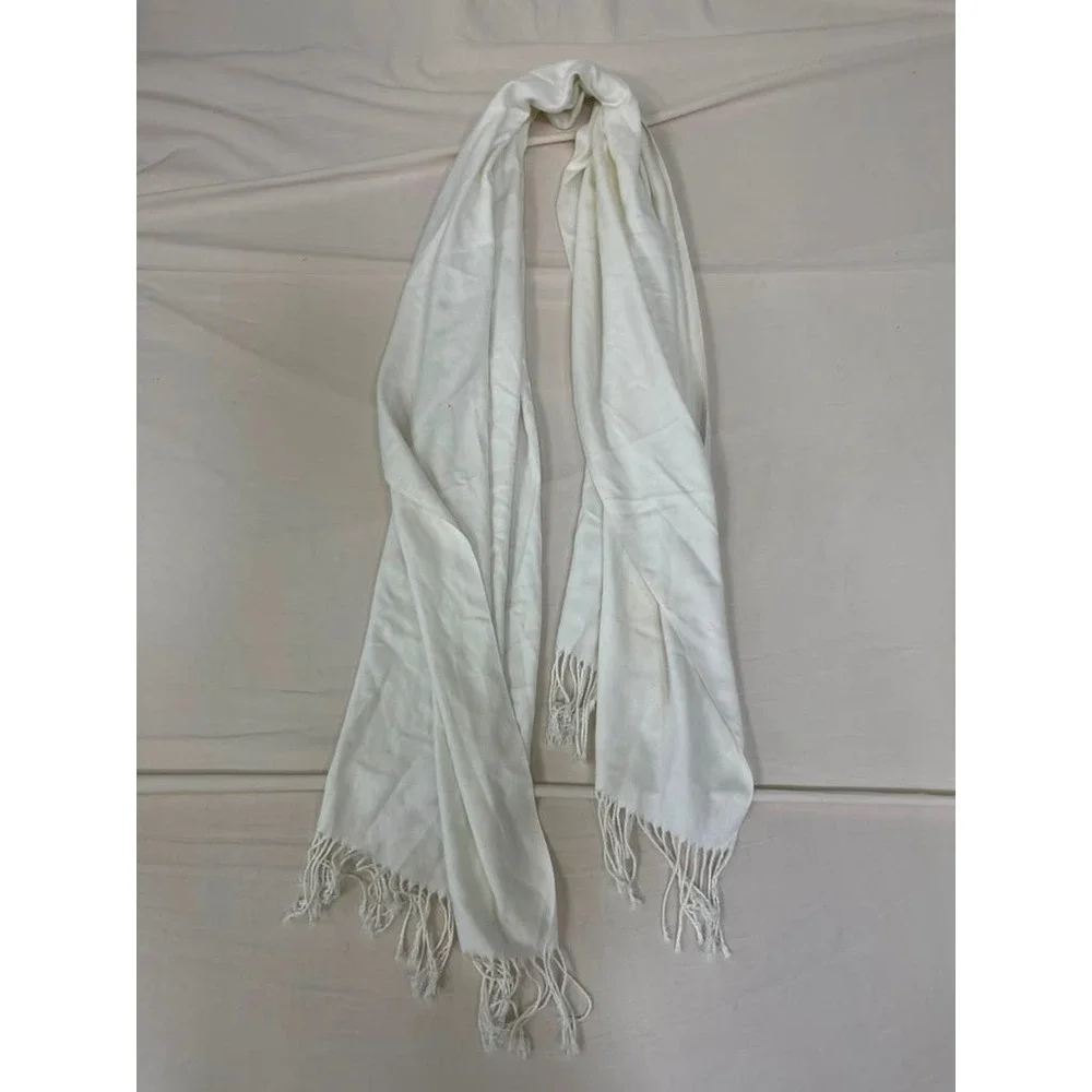Unbranded Cream White Pashmina Style Wrap Scarf with Fringe Trim Solid Neutral